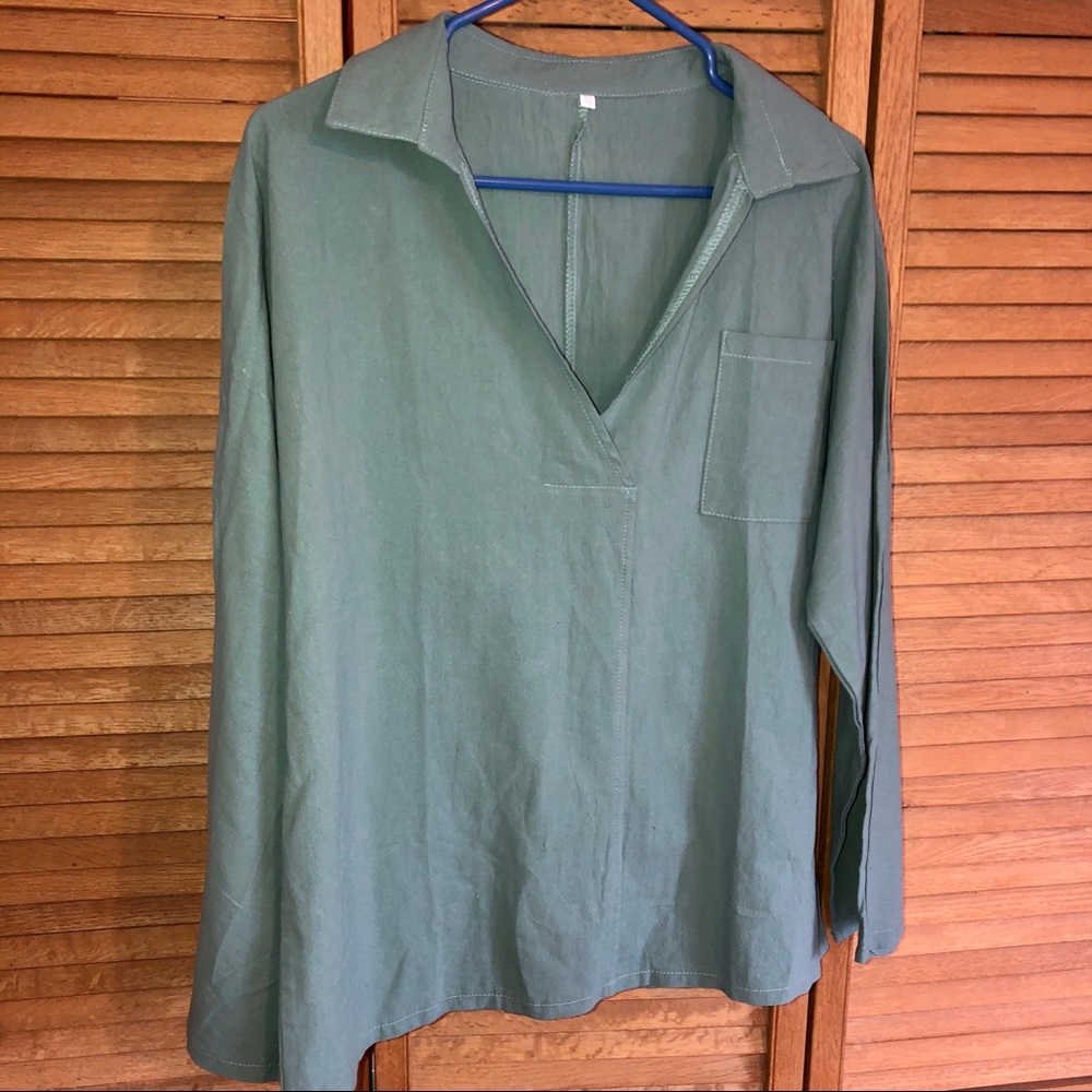Spring Solid Long Sleeve V Neck Blouse Green Xxl - image 2